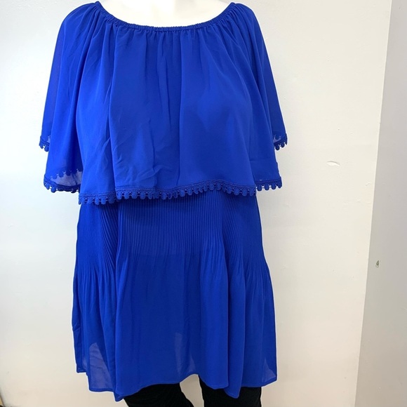 Catherines Top Blouse‎ 4X  Micro Pleats Flowy Overlay  Blue Scallop  Trim - Picture 1 of 13